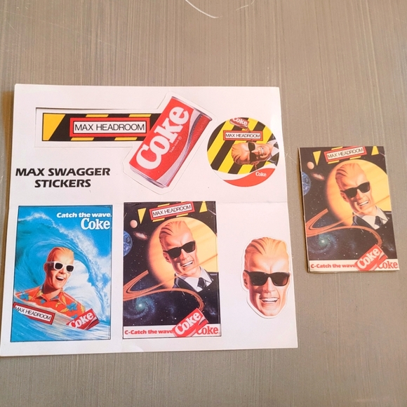 New! 80sVintage Coca-Cola MAX HEADROOM MAX Swagger Sticker Sheet & Extra Sticker - Picture 1 of 11